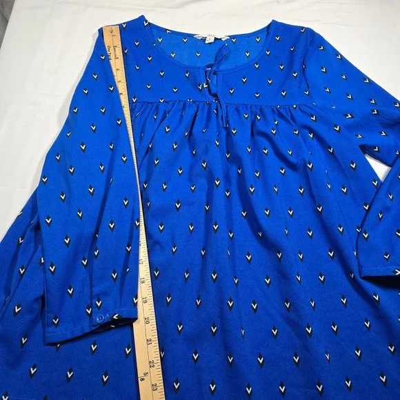 Jack womens babydoll large Blue Geometric Diamond Print Blouse Top  Long Slv - Picture 6 of 8